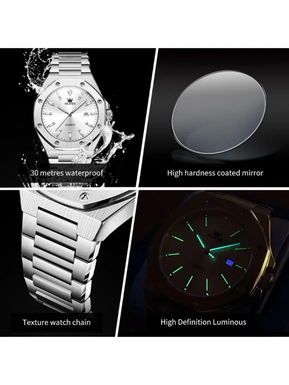 Men's Silver Fashion Luxury Octagon Stainless Steel Waterproof Dress Wrist Watch